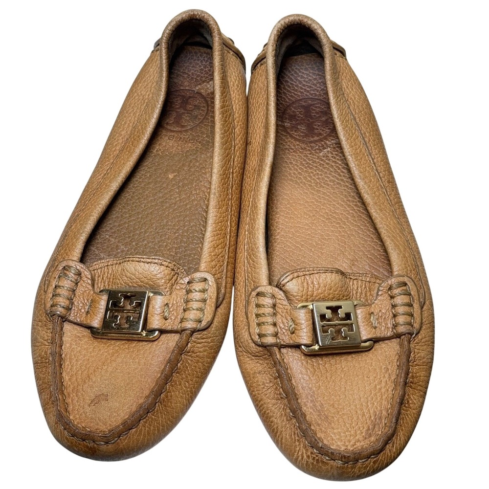 Tory Burch Driving Loafers Women 6.5 Tan Pebbled Leather Designer Old Money Prep